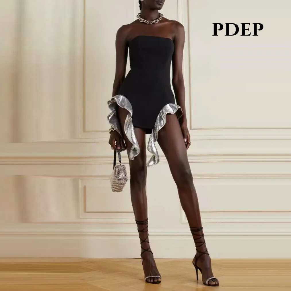 

PDEP 2023 New Summer Women's Mini Bandage Dress High-end Irregular Ruffle Metallic Luxury Designer Prom Party Robe for Ladies