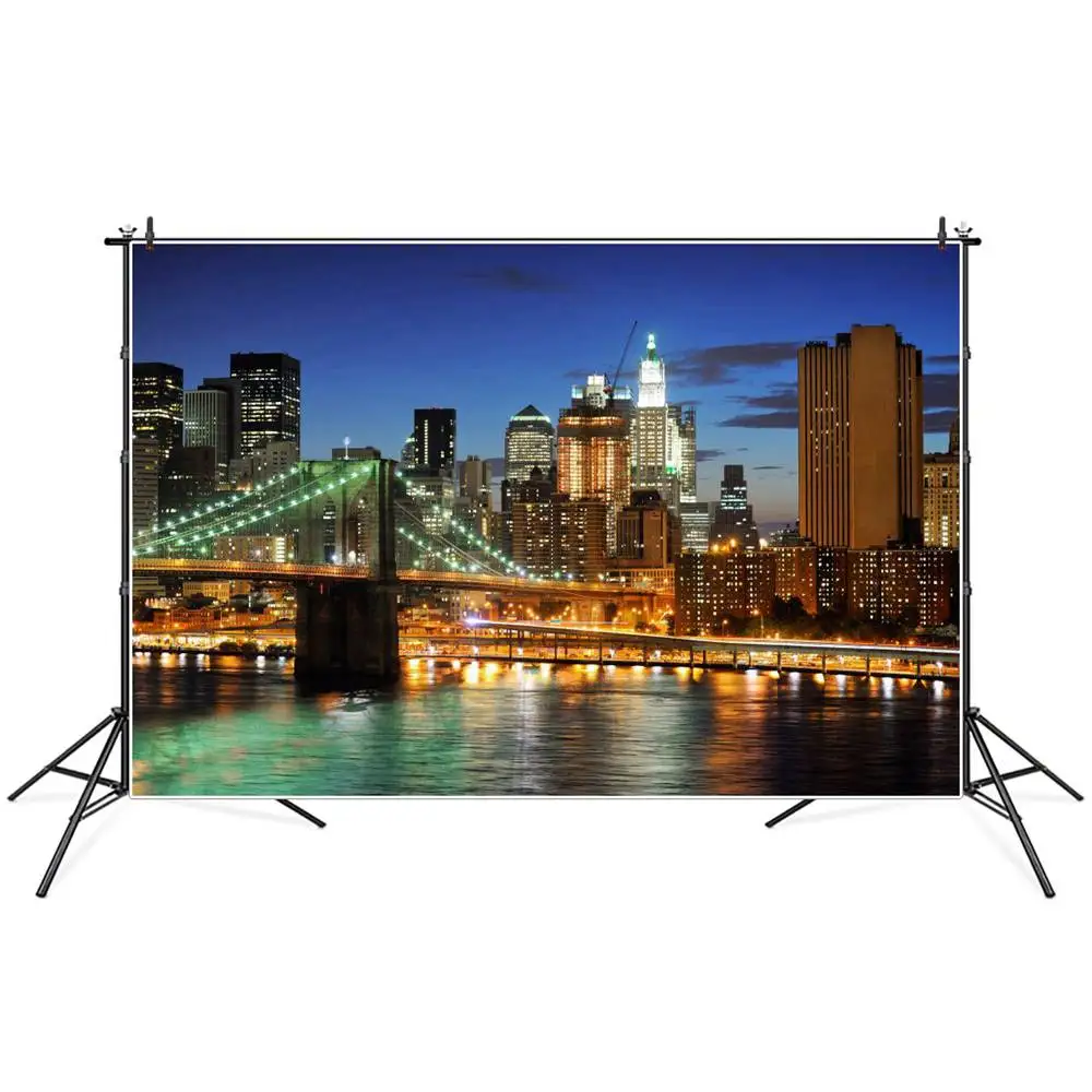 

New York City Buildings Bridge River Night Landscape Photography Backgrounds Custom Party Home Decoration Photo Booth Backdrops