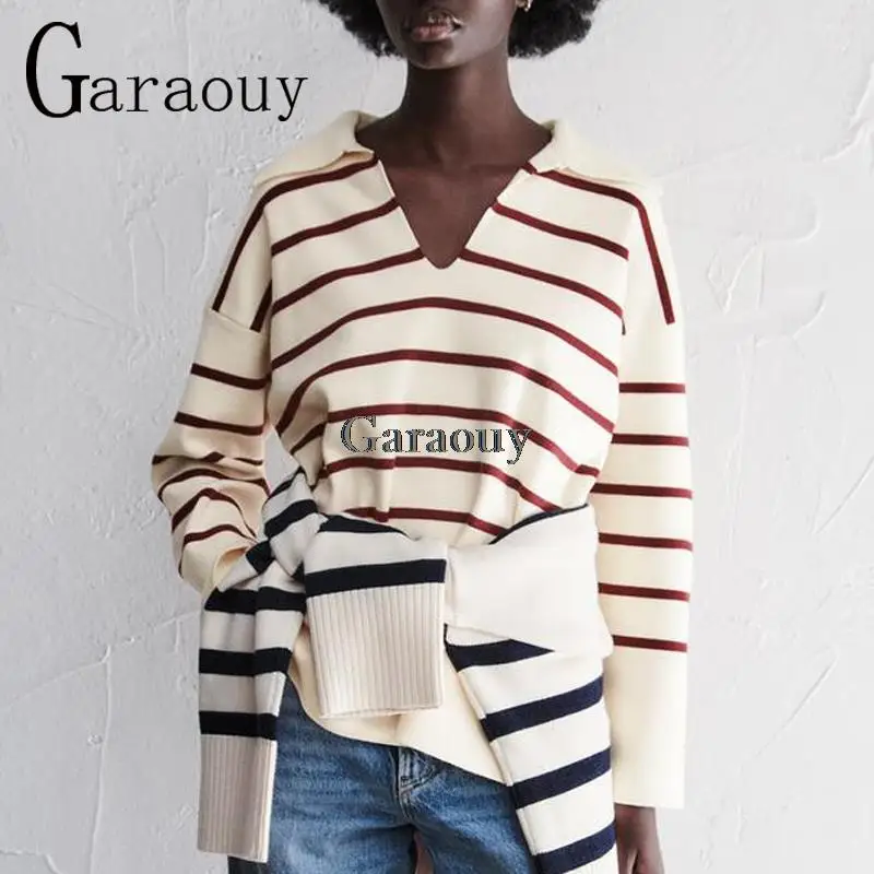 

Garaouy 2022 Spring Sweaters Women Fashion Stripe Loose POLO Collar Knitting Vintage Long Sleeve Asymmetry Female Pullover Tops