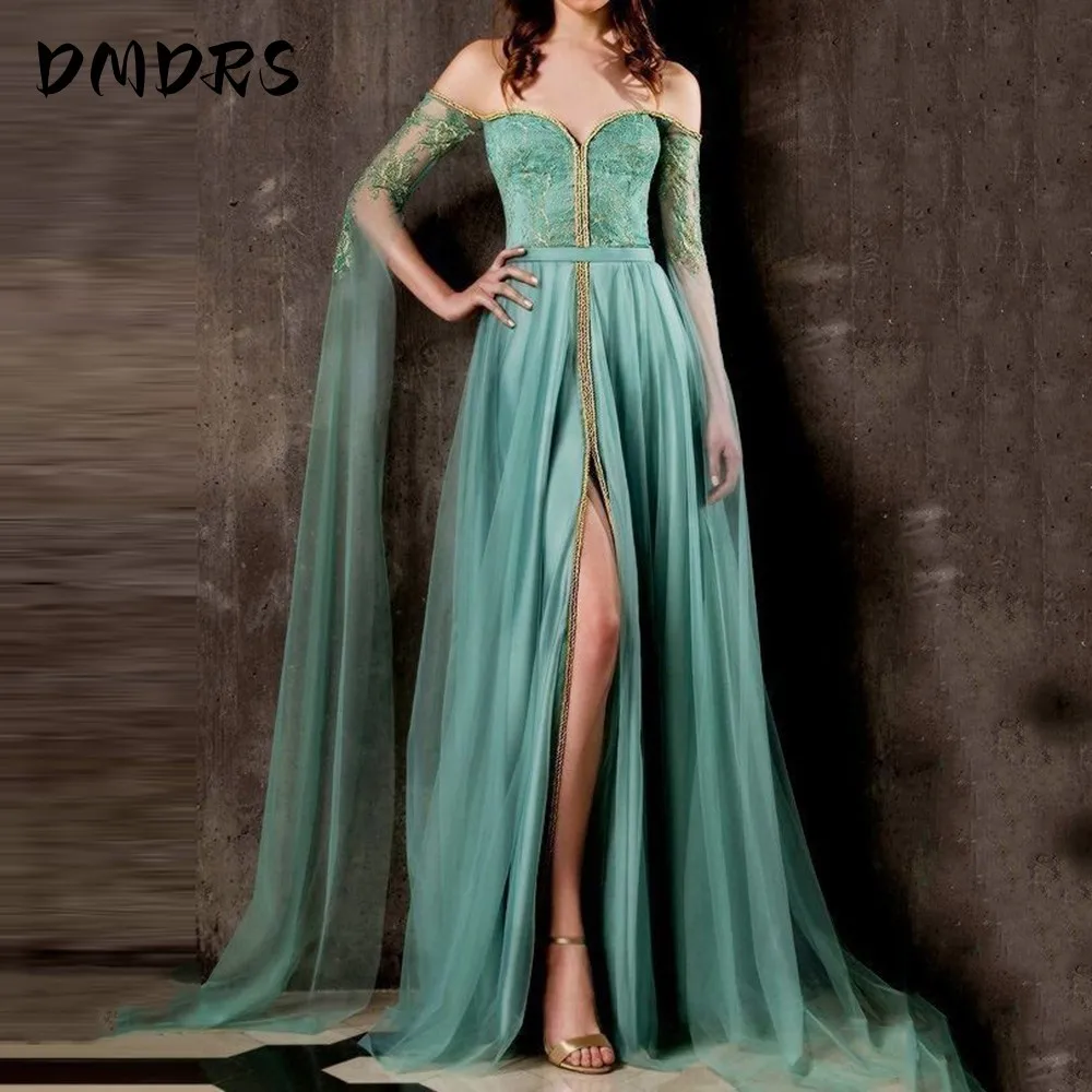 

Элегантное платье с вырезом лодочкой для выпускного вечера, кружевные платья с длинными рукавами и аппликацией с высоким разрезом для официальной вечеринки, женское платье на заказ