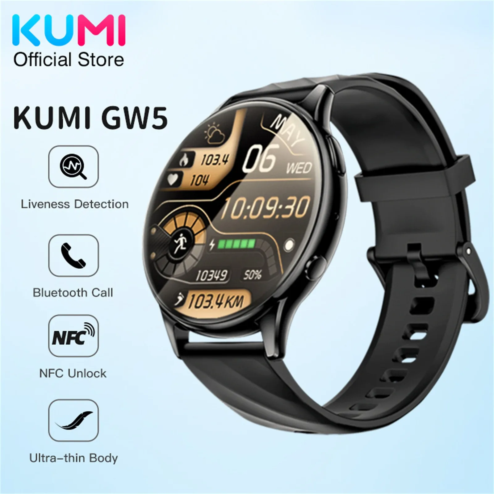 

Kumi Gw5 Smart Watch 1.39 Inch Nfc Bluetooth 5.2 100+ Sport Heart Rate Blood Pressure Oxygen Monitor Waterproof Ip68 Reloj