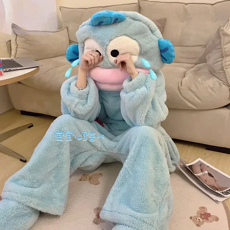

Sanrio Hangyodon Winter Funny Pajamas One-Piece Couple Pajamas Men Women Winter Thick Coral Velvet Anime Cartoon Warm Home Wear