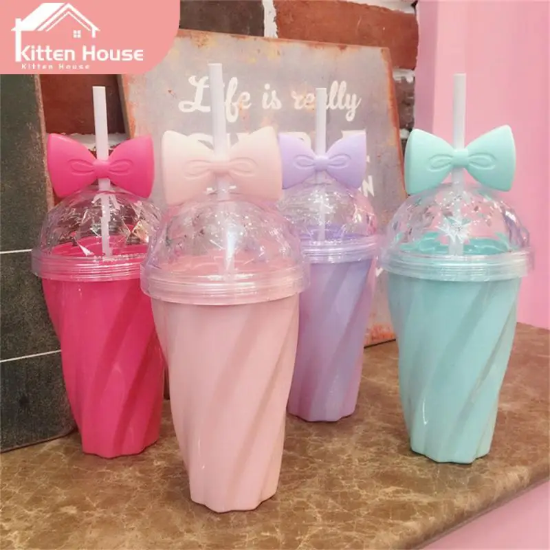 

380ml With Lid Straw Water Bottle Portable Plastic Tumbler Bow Gift Coffee Cup Bow Candy Cup Internet Celebrity Suction Tube Cup