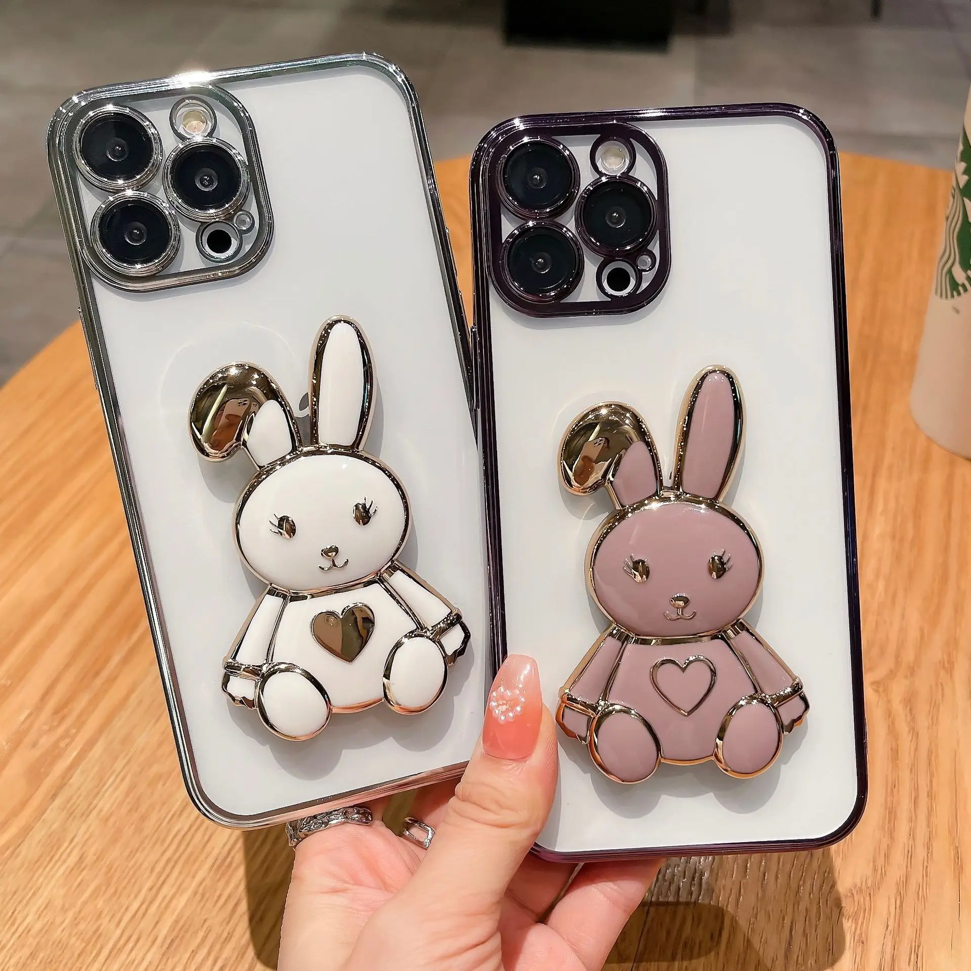 

Rabbit bracket iPhone14 case plating lens film mobile phone case iPhone13Pro transparent TPU soft case iphone 11 pro max case