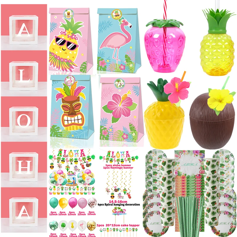 

Hawaiian Party Decoration DisposableTableware Set Gift Bags Drink Cup ALOHA Luau Tropical Flamingo Summer Birthday Party Decor