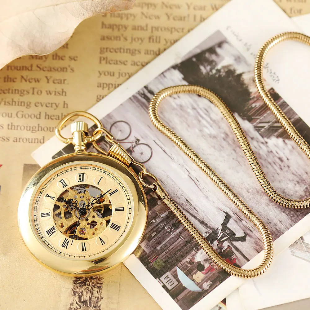 Luxury Golden Smooth Mechanical Pocket Watch Roman Numerals Hand Winding Pocket Watch Stainless Steel Fob Clock Chain Pendant