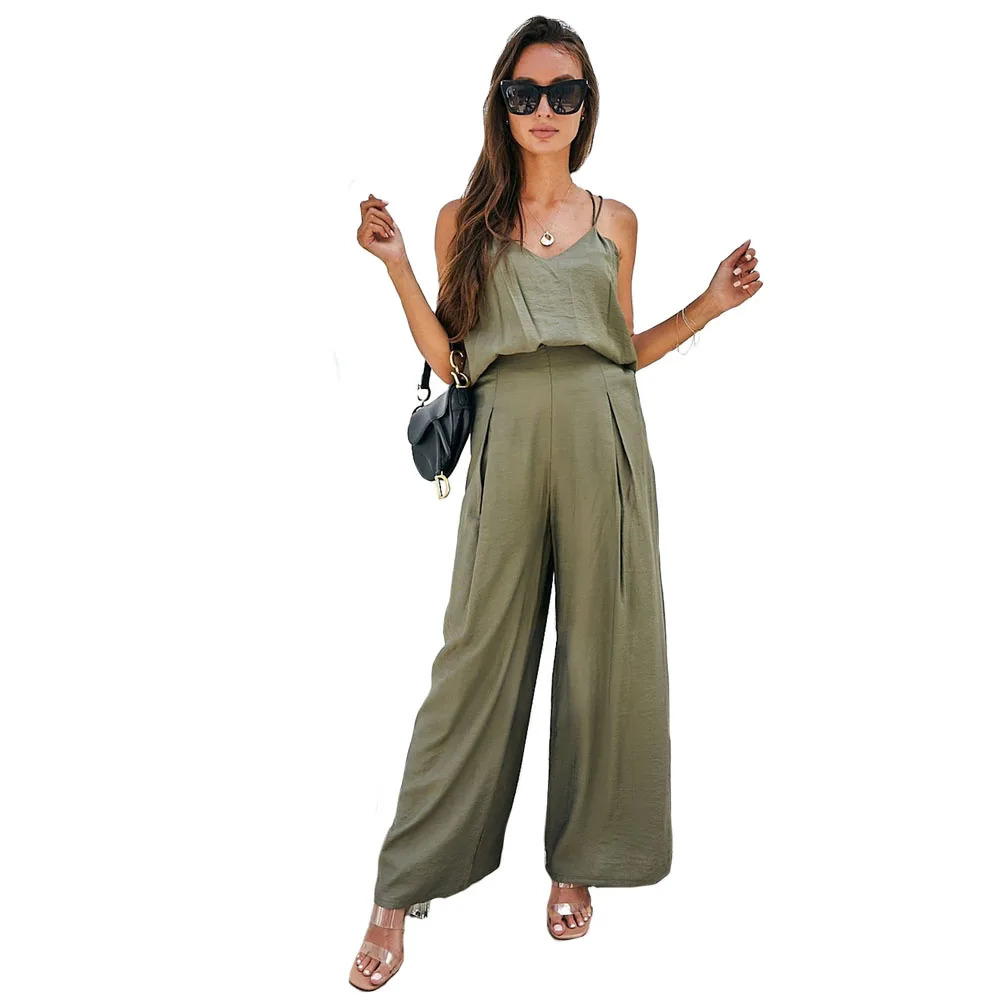 

Женские хлопковые комплекты, однотонный спортивный костюм для отдыха, топ на бретельках, свободные брюки, брюки на весну и осень, дышащий Бы...