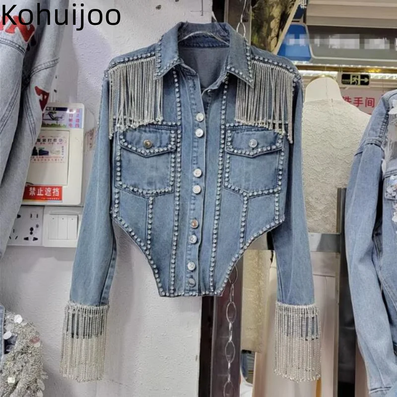 Heavy Tassels Jacket Women 2023 Luxury Rhinestone Design Slim irregular Light Blue Ladies Denim Jacket Fashion Short Coat