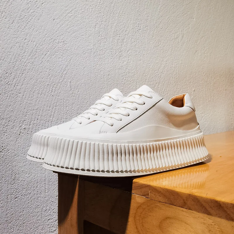 

Spring Genuine Leather White Shoes Female Rubber Sole Black Casual Lace-up Platform Shoes Girls Cowhide Footwear Women Loafers