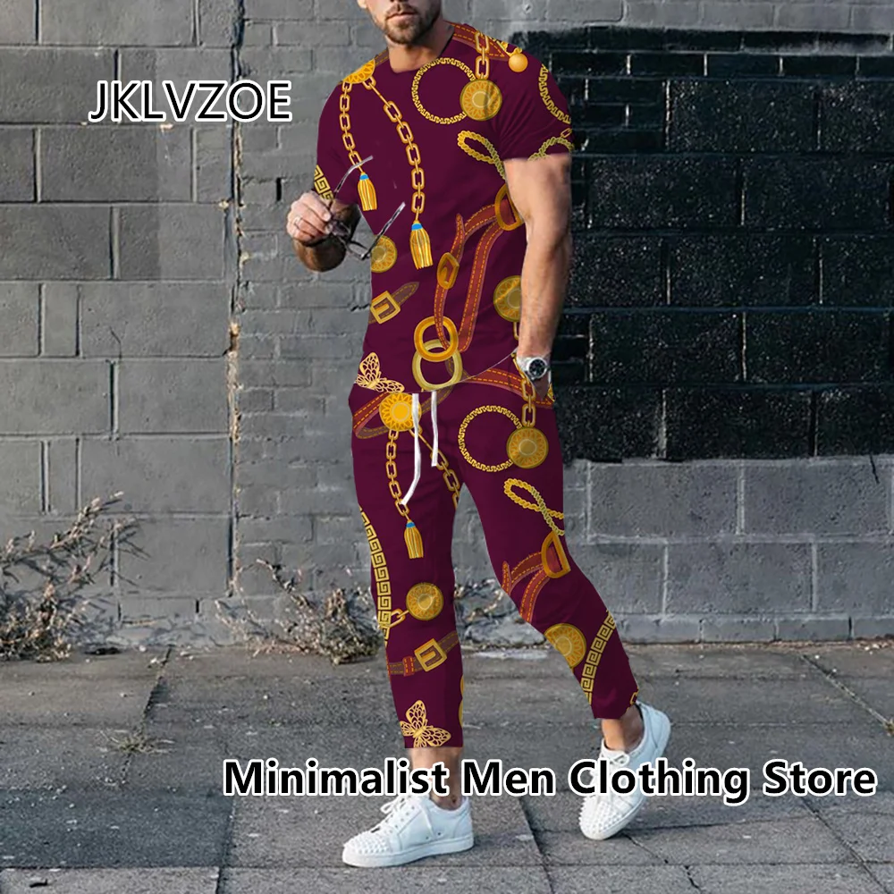 2023 Men Luxury Tracksuit Short Sleeve T Shirt+Long Pants 2 Piece Set Oversized Gold High-End Clothes Print Trousers Suit Outfit