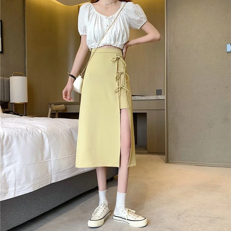 

Spring Summer Yellow Black Gothic Lace-up Skirt Women High Waist Design Sense Slit Y2k Skirt Girl Preppy Style Mid Length Skirt