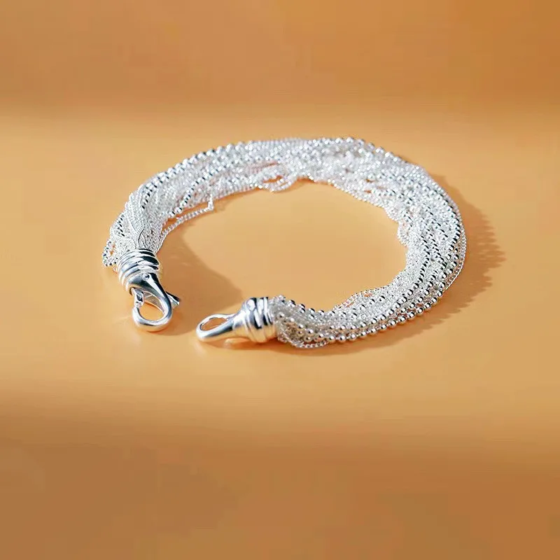 N S925 Серебряный Простой браслет с бусинами несколькими цепочками для девушек