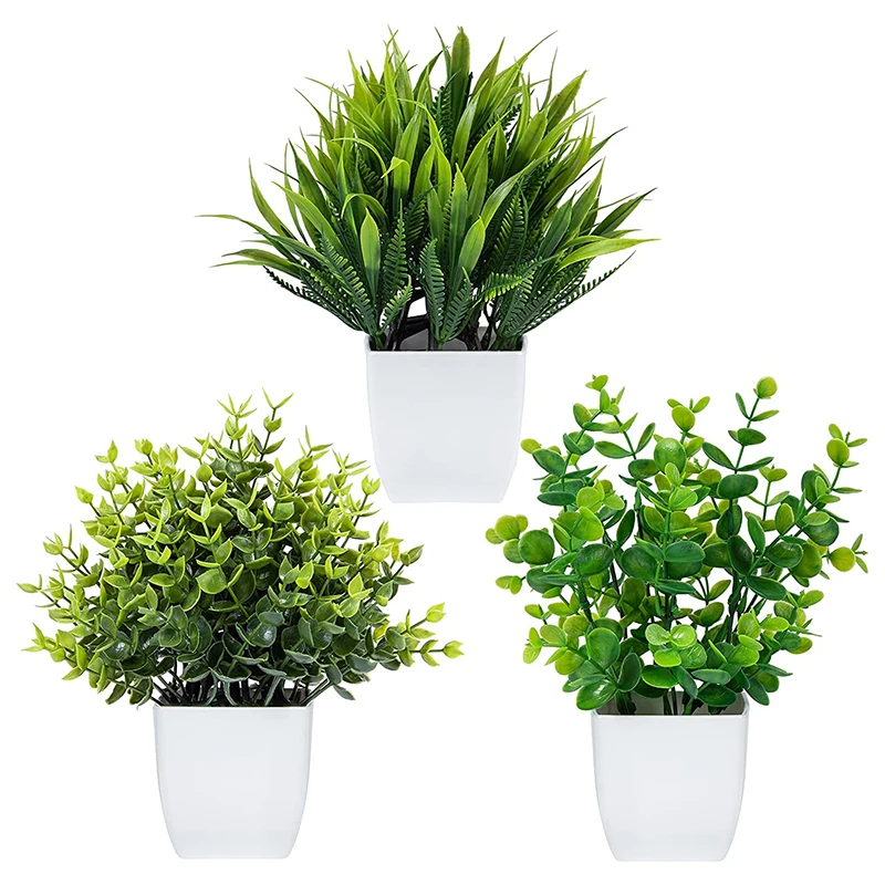 

New 3 Pack Fake Plants In Pots Artificial Eucalyptus Plant Mini Potted Faux Plants Indoor Small Plastic Wheat Grass Shrubs