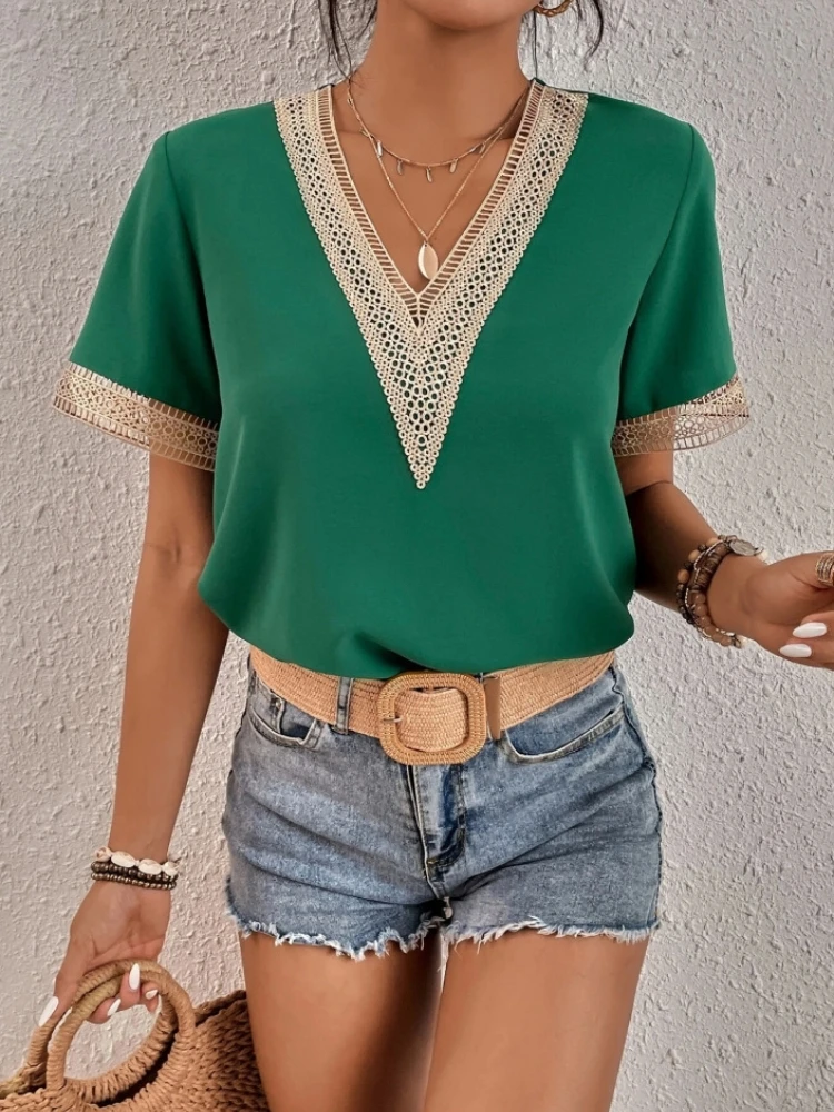 2023 Women's Dressy Lace Trim Blouse Tops Popular Short Sleeve Shirt  Fashion Casual  Solid V-neck Tunic Tops