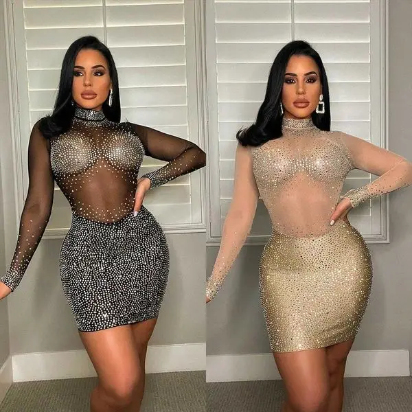 

Os Autumn Womens Clothing Dresses Fashion Sexy Mesh Long Sleeve Rhinestone Dress