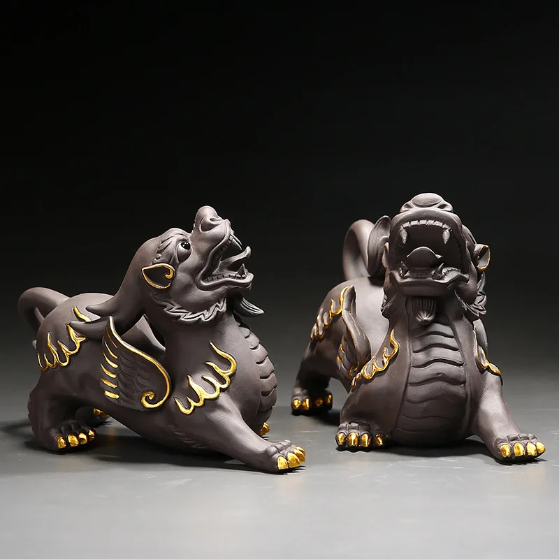 

Purple sand Lucky brave troops statue Modern art sculpture Tea set decoration Feng Shui statue decorated by home mascot One pair