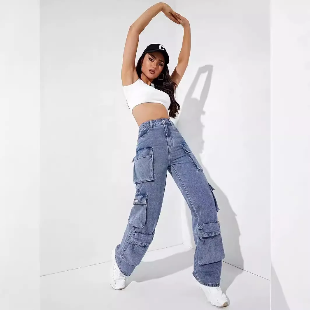 Широкие брюки с несколькими карманами и высокой талией джинсы осенне-зимняя мода