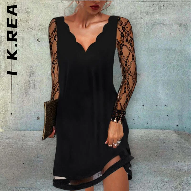 

New Dress Women Sexy Lace Mesh Patchwork Long Sleeve V-Neck Dress Girl Korean Streetwear Club Vintage Vestidos Woman Clothes