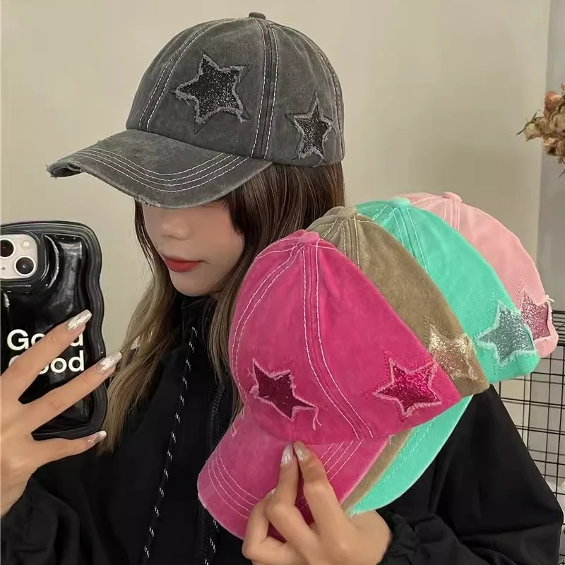 

Y2K Baseball Cap Snapback Hats Shiny Star Pattern Horsetail Cap Hip Hop Washed Denim Hole Cap Hats for Men Women Multicolor