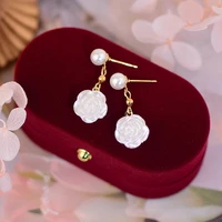 ydl gold color plated dainty korean flower earrring for women pearl long elegant stud earring wedding brincos bijoux gift