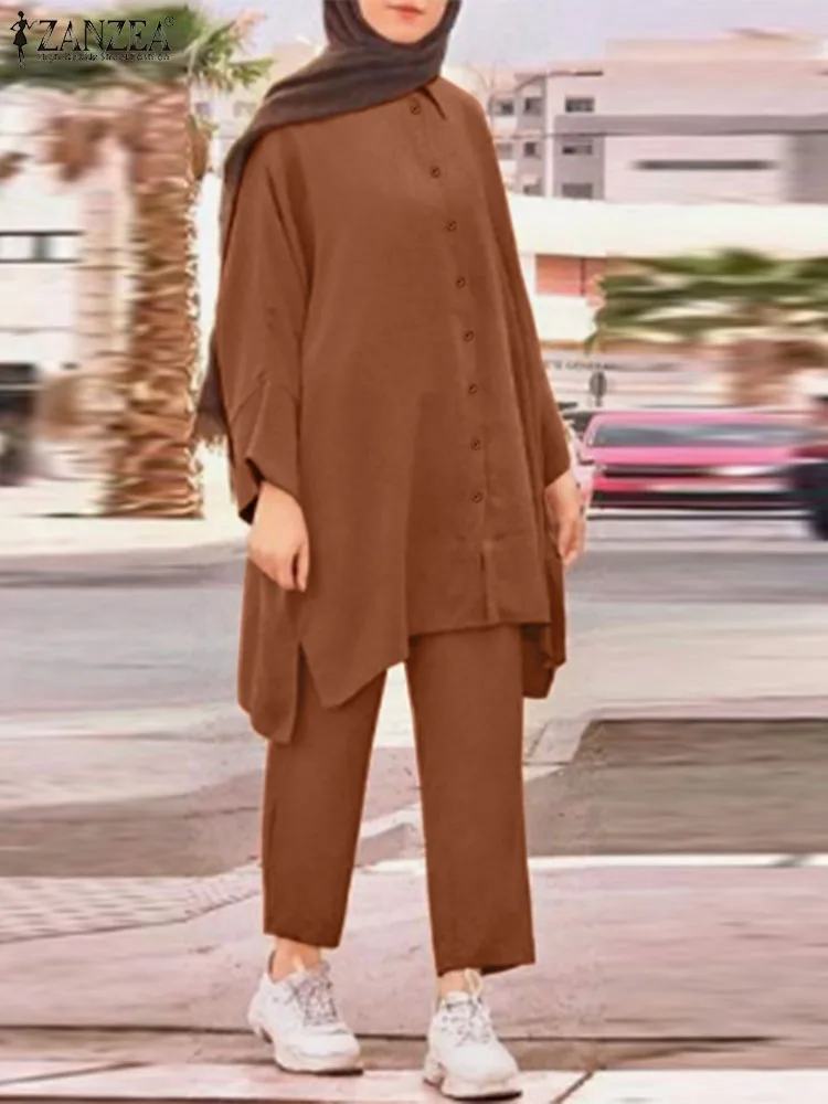 ZANZEA Long Sleeve Lapel Blouse Wide Leg Pant Women Elegant Muslim Suit Solid Vintage Stylish Isamic Clothing Tracksuits 2023