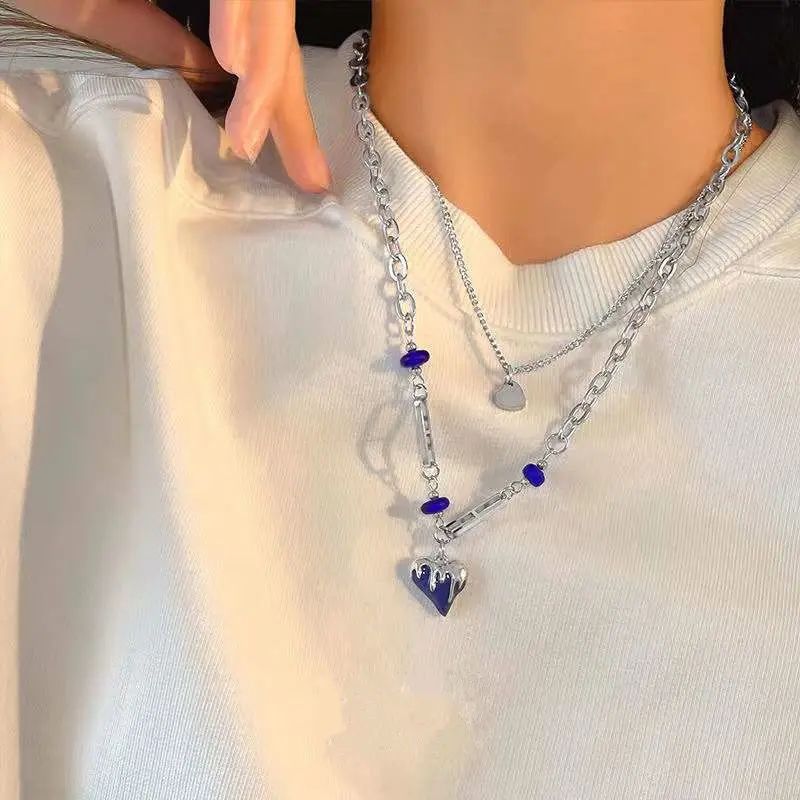 

Klein Blue Love Double Layer Design Necklace for Women Chock Personalized Fashion Travel Party Accessories Simple Jewelry