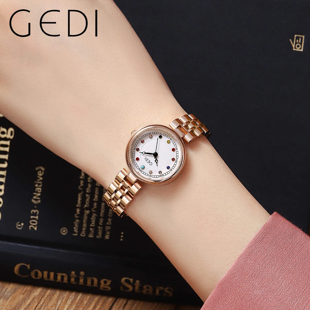 GEDI Waterproof Rose Gold Women Watches Luxury Color-diamond Scale Stainless Steel Strap Fashion Quartz Wrist watches Woman 2023