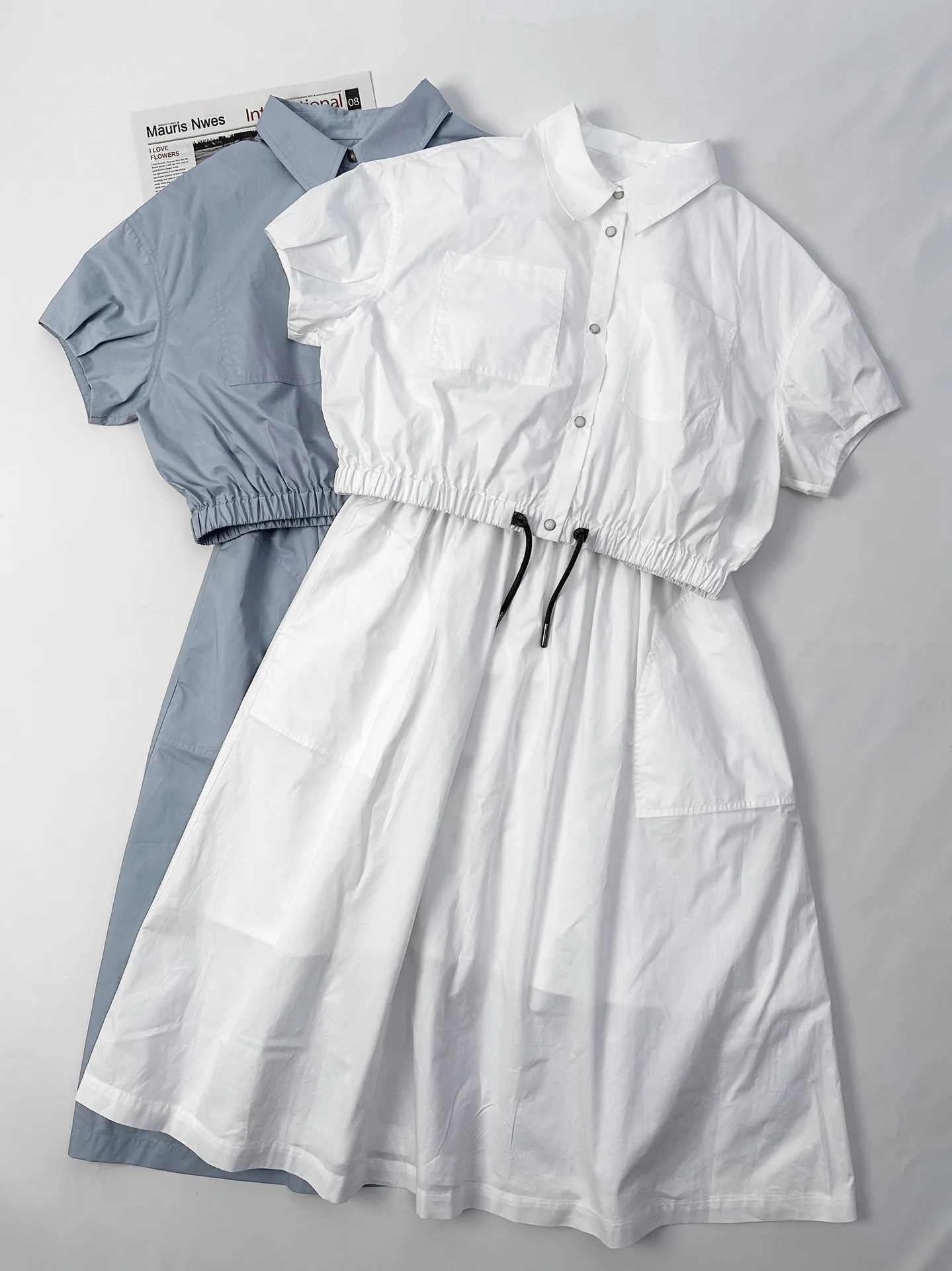 Women Shirt Elastic Drawstring Hem Slim Or Mini Dress Solid Color Casual Set