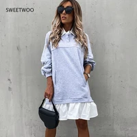 for women spring and autumn loose dresses fashion stitching lapel ruffled casual ladies black long sleeved midi dresses 2022