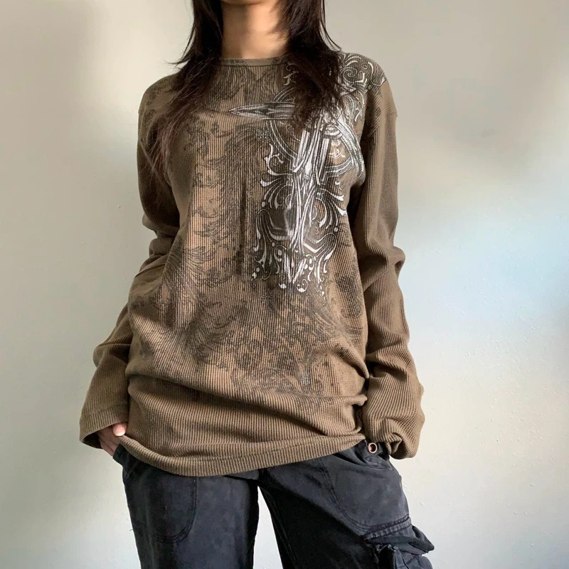 

Harajuku Grunge Korean E Girl Sweats Top Retro Dark Academia Graphics Print T Shirt Y2K Vintage Mall Goth Loose Pullovers Tees