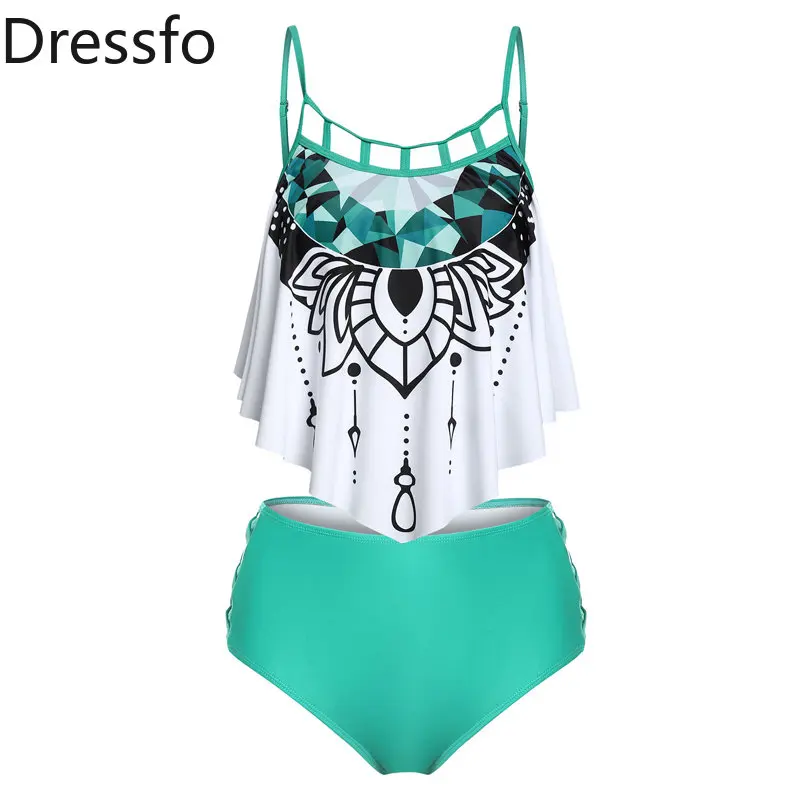 

Dressfo Flounce Rhinestone Print Criss Cross Two Piece Tankini Swimsuit Tummy Control Monokini Beach Wear Swimwear 2023 Women