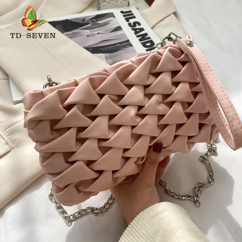 

Women Texture Clutch Bag Shoulder Messenger Bag Woven Chain Small Square Bag Diagonal Bag Female Luxury Design Soft Bags