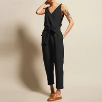 summer high waist mature female new long jumpsuit with belt women fashion sleeveless solid simple beach loose jumpsuits holiday