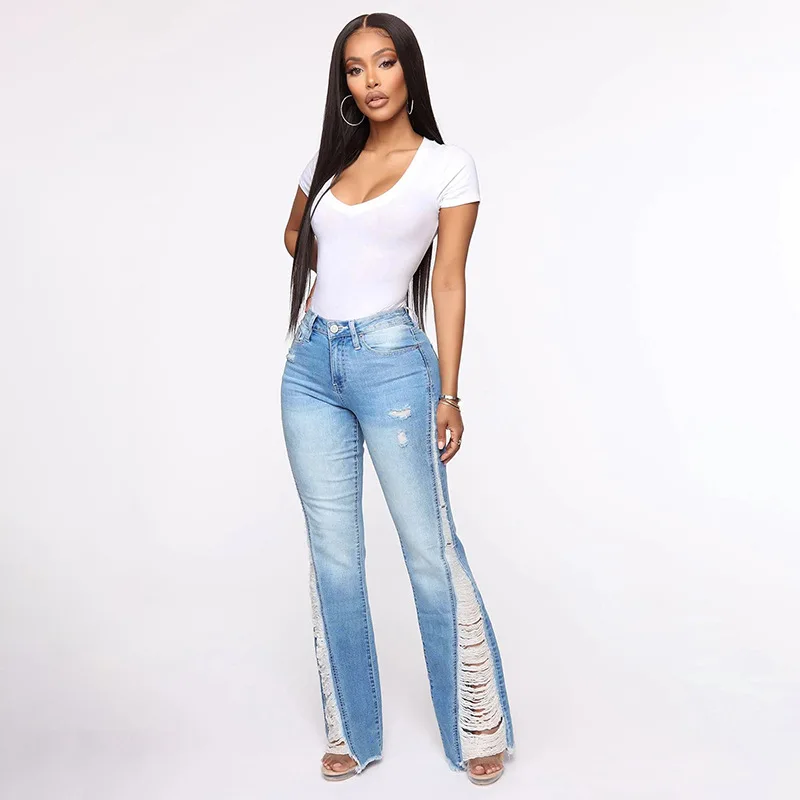 LXUNYI 2023 Spring Summer New Hole Hole Jeans Mujer High Stretch Flare Ragged Pants Women Ripped  Fringed Denim Trousers