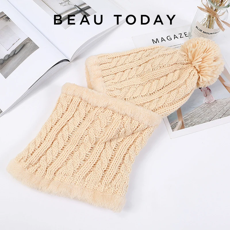 

Женская вязаная шапка BeauToday, теплая шапка разных цветов с капюшоном и воротником ручной работы, H6S
