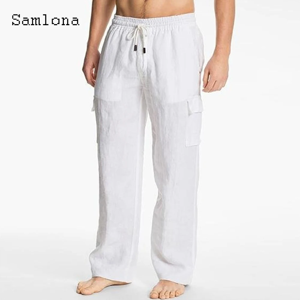 Samlona Men's Stand Pocket Casual Linen Pants Loose Elastic Waist Trousers Plus Size 4xl 5xl Mens Fashion Hip Hop Sweatpants