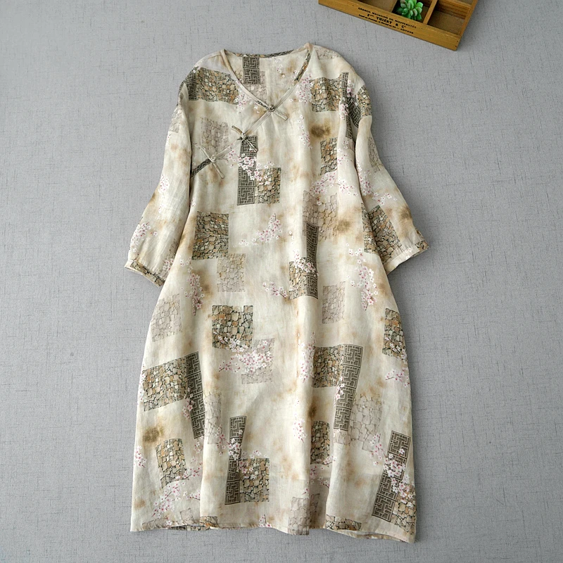 108cm Bust Summer New Women Brief Loose Plus Size Chinese Style Buttons Print Comfortable Water Washed Thin Ramie Dresses