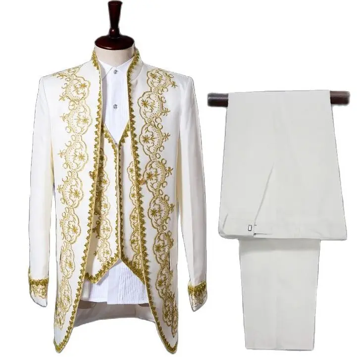 Mens England Style Tuxedo Suit Classic White Palace Blazer Men Longline Prom Stage Party Singer 3 Piece Dress Suits Homme Hombre