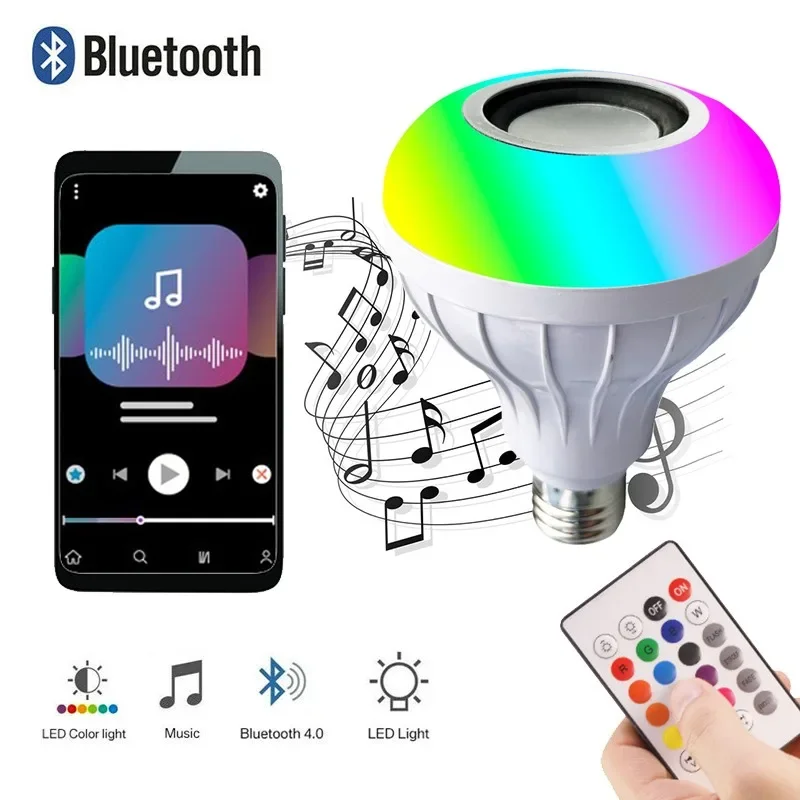 

Смарт 12 Вт Bluetooth Led Rgb звуковая коробка, музыкальная лампа с регулируемой яркостью, лампа E27 с дистанционным управлением
