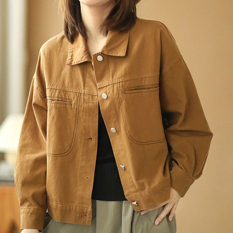 

Vintage Women Tooling Jacket Turn-down Collar Long Sleeve Loose Casual Outwear Autumn New Korean Solid Color Short Coats Female