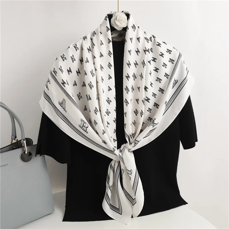 

90cm Printed Scarf Letter Large Square Scarf Twill Silk Scarves Spring Summer Female Shawl Foulard Neck Hairband Kerchief