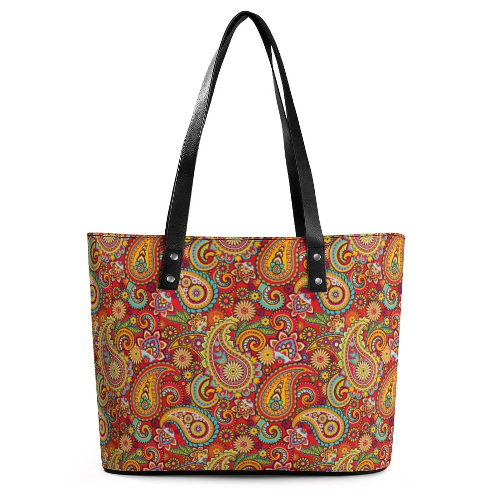 

Retro Paisley Print Handbags Trippy Hippy PU Leather Shoulder Bag Ladies Grocery Print Tote Bag Ziplock Stylish Shopping Bags