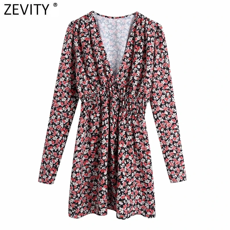 

Zevity 2021 Women Sexy Deep V Neck Floral Print Elastic Waist Shirt Dress Femme Chic Puff Sleeve Breasted Vestido Clothes DS4935