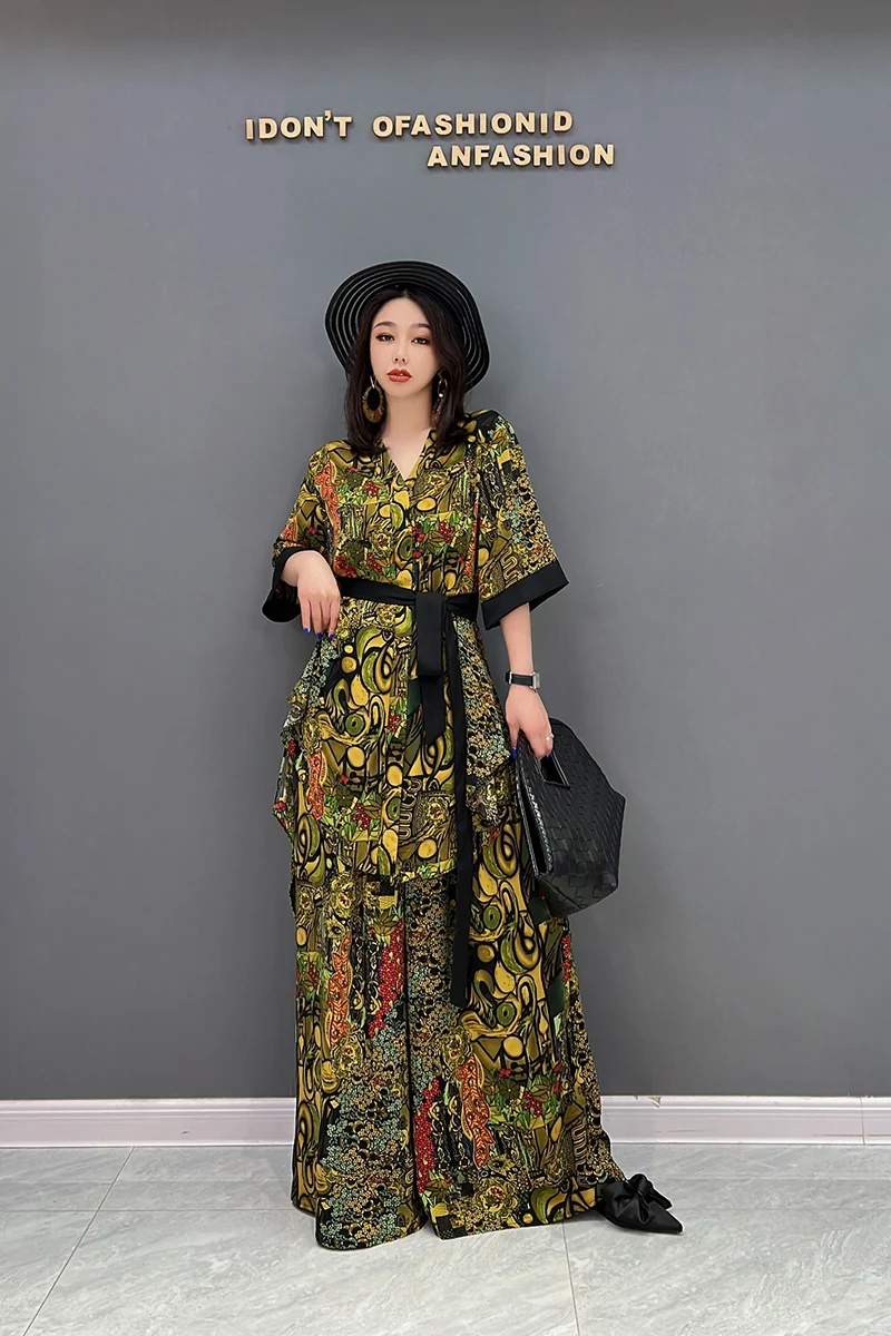 

Женский комплект из двух предметов, повседневный свободный хлопковый комплект макси с V-образным вырезом и широкими штанинами, лето 2022