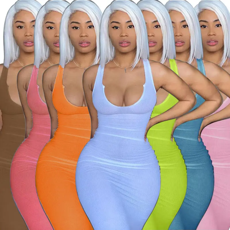 

Solid V-neck Sleeveless Casual Thight Dress Woman Sexy Skinny Bodycon Skirt Fashion Mini Halter Fitness Dresses Streetwear