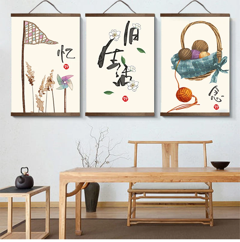 

Chinese Classical Style Ancient Canvas Painting Poster Wall Art with wood hanging scrolls for living room vintage room decor