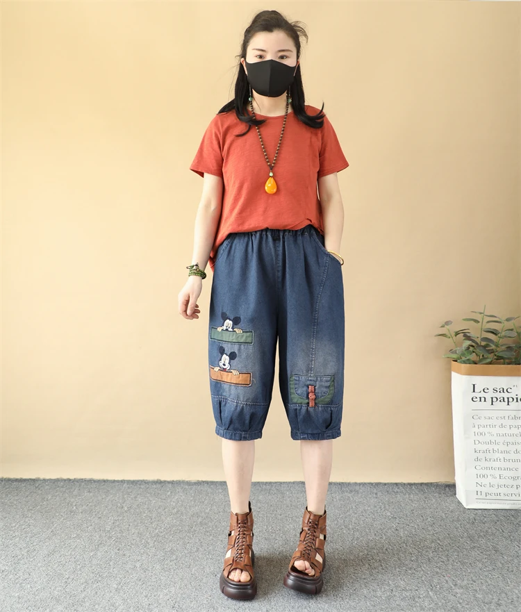 Summer Cartoon Patch Embroidered Denim Short Pants Women's Loose Oversized Frog Button Ankle-Tied Pants Lightweight Underpants
