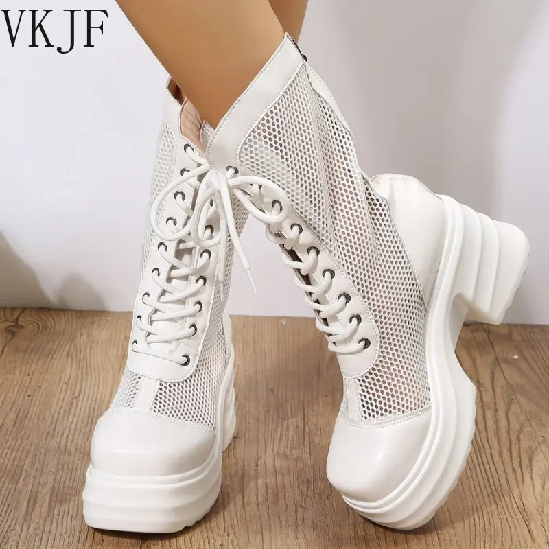 

Женские ботинки до середины икры, ботинки из дышащей сетки на массивном каблуке и платформе, мотоциклетные ботинки в стиле панк на толстой подошве, лето 2023