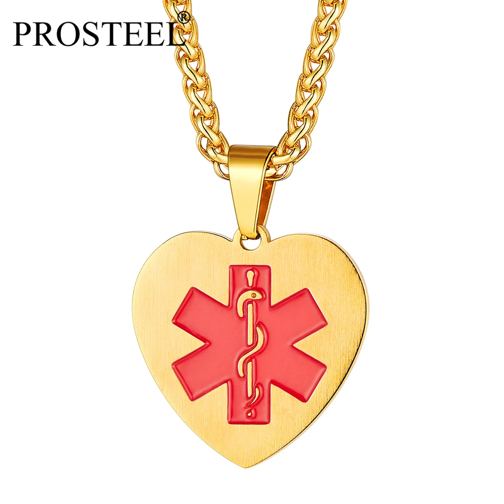 

PROSTEEL Free Engrave Medical Alert ID Necklace Gold/Black Plated Stainless Steel Heart Pendant for Women Men PSP3958