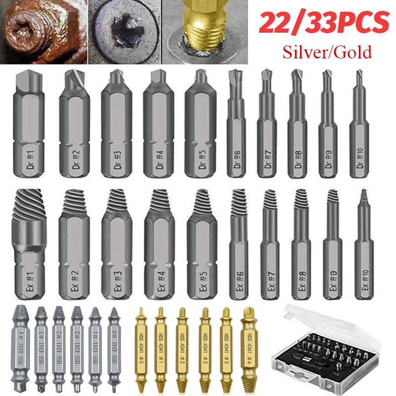 

Damaged Screw Extractor Drill Bit Set Broken Screw Remover Stud Slip Teeth Damaged Demolish Stripped Broken Tools 22/33Pcs